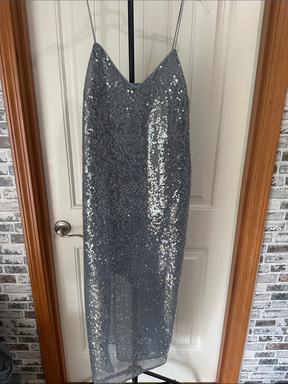 Open Edit Silver/ Blue Sequin Midi Slip Dress with Spaghetti Straps size XL